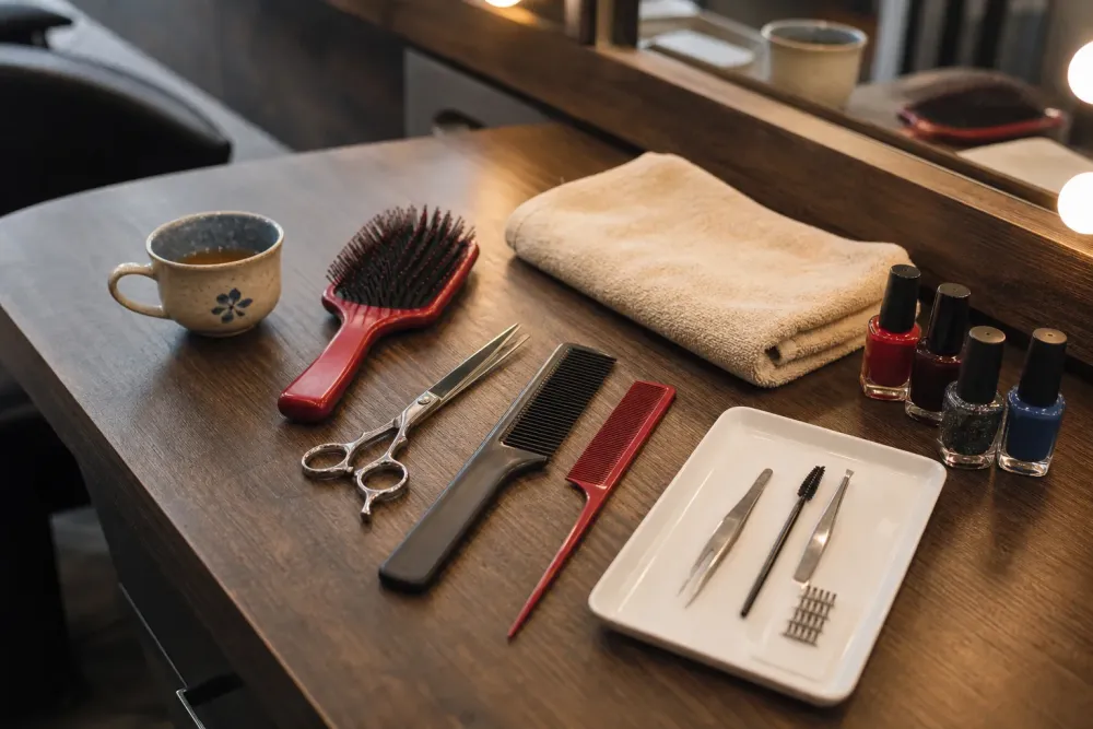 Concept photograph of hair, nail and lash tools arranged at a warm salon station
